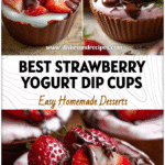 Close-up of strawberry chocolate Greek yogurt cups with fruit topping for healthy dessert dips